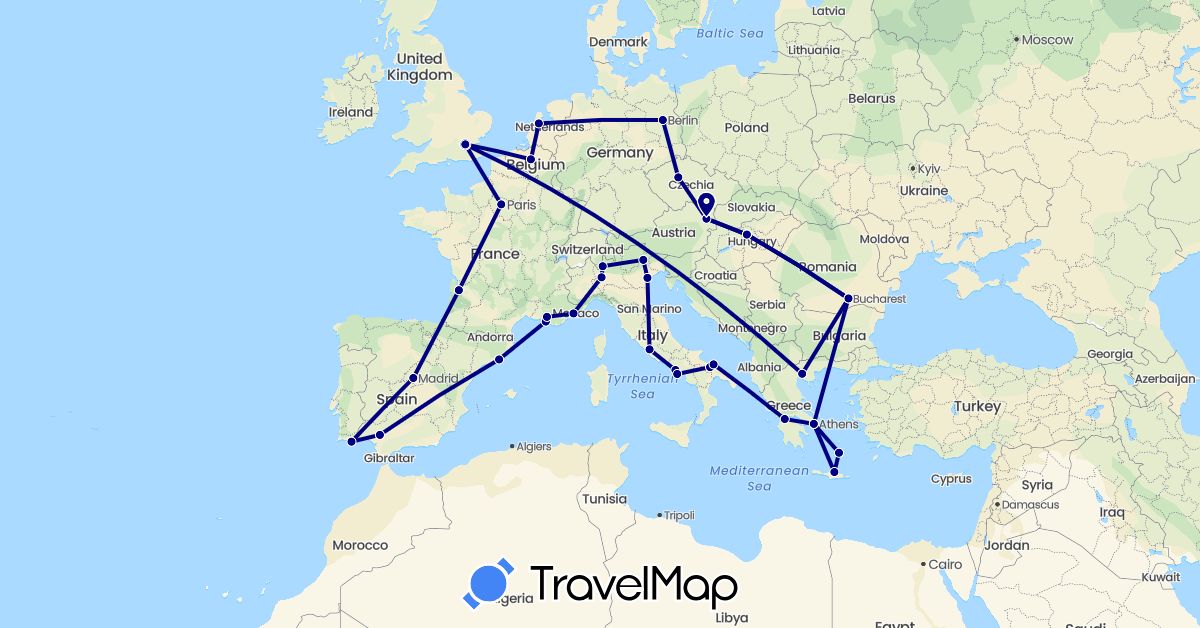 TravelMap itinerary: driving in Austria, Belgium, Czech Republic, Germany, Spain, France, United Kingdom, Greece, Hungary, Italy, Netherlands, Portugal, Romania (Europe)